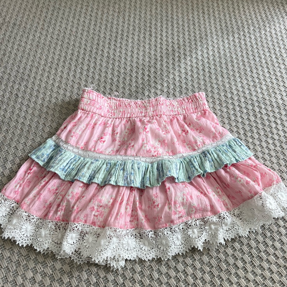 LoveShackFancy Floral Pink Skirt with Lace Trim